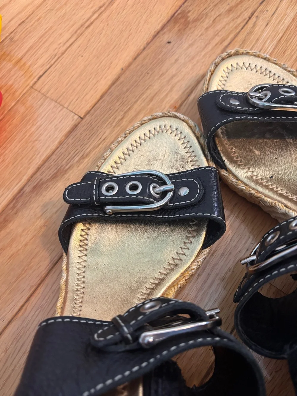 ANTONIO MELANI Y2K Black Leather Double-Buckle Espadrille Wedges Size 8 Brazil
